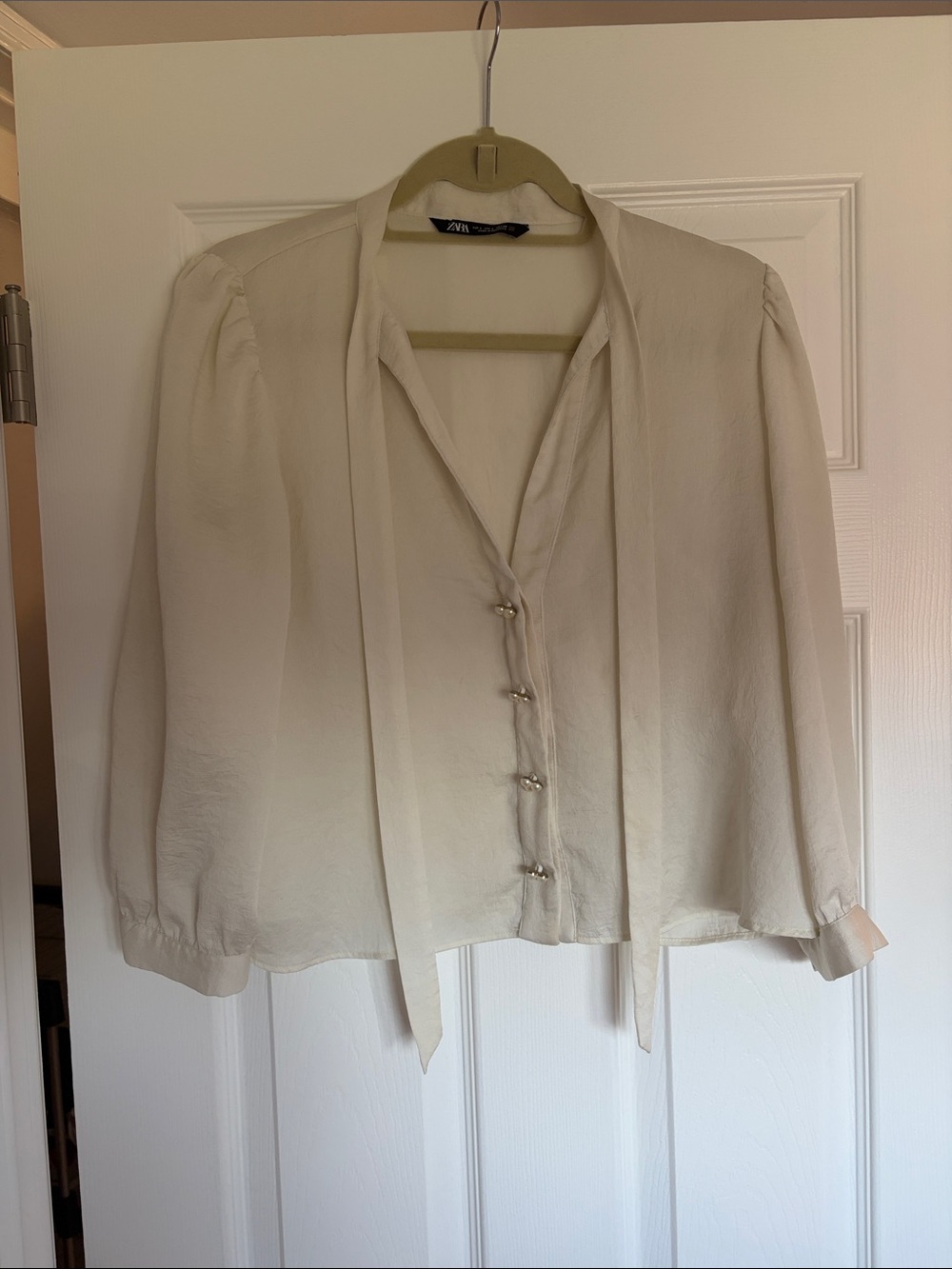 Zara Ivory Tie-Neck Blouse with Pearl Buttons